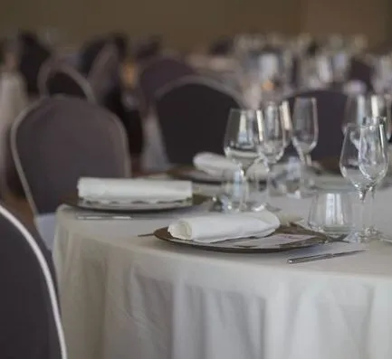 Configuración elegante de salón de banquete con vajilla ordenadamente dispuesta, destacando la sofisticación.