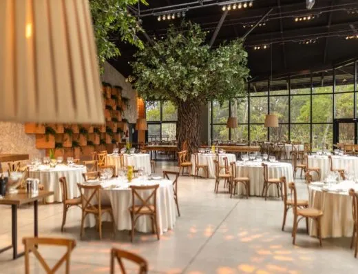 Amplio salón de eventos con mesas redondas, sillas y árboles interiores. Ideal para bodas o conferencias.
