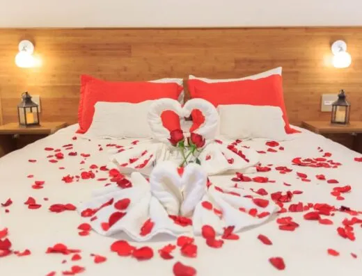 Elegante habitación de hotel adornada con pétalos de rosa y cisnes de toalla, creando una atmósfera romántica.