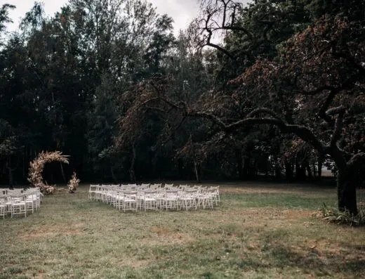 Montaje sereno de boda al aire libre con sillas y un arco rústico en un jardín exuberante.