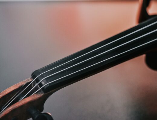 Vista detallada del diapasón de un violín, donde se aprecian las cuerdas y la intrincada artesanía.