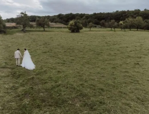 Vista aérea de una pareja recién casada caminando por un entorno campestre sereno.