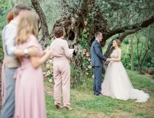Una hermosa ceremonia de boda al aire libre con una pareja intercambiando votos bajo un árbol decorado.