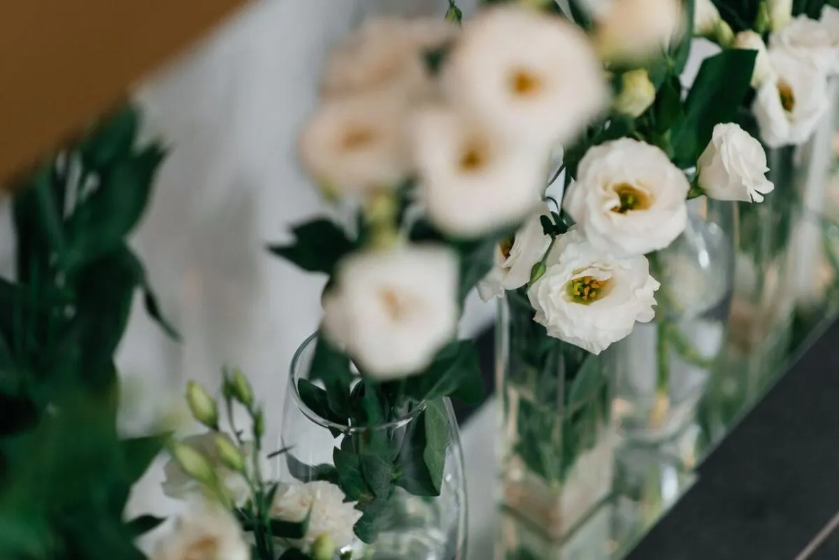 Primer plano de hermosas flores blancas en jarrones de vidrio con un fondo suave (imagen de referencia)